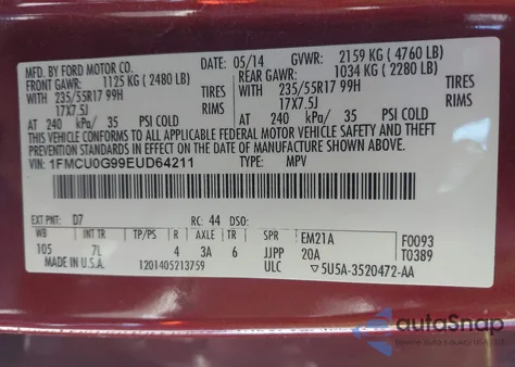 2014 Ford Escape Se from USA, damaged, VIN 1FMCU0G99EUD64211